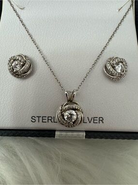 Diamonart Sterling silver CZ Swirl Pendant 18” & Stud CZ SS Earring Set